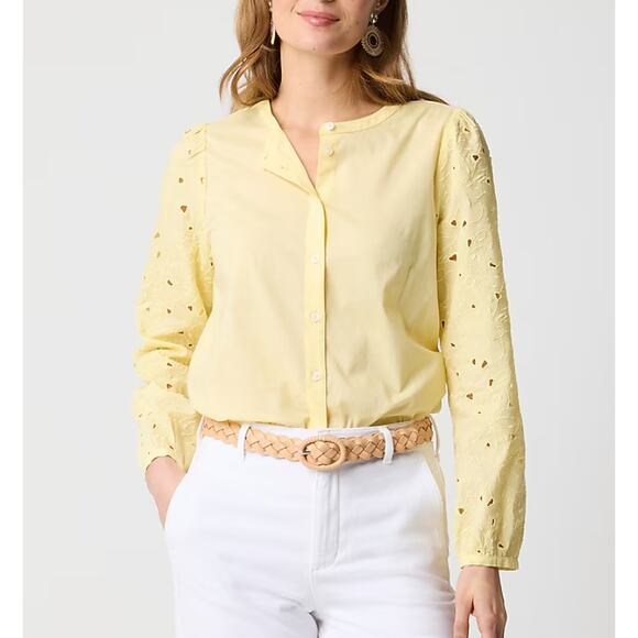 J. Crew Tops - J.Crew Eyelet-Sleeve Button-Front Top Womens L Black Cotton Embroidered Crewneck
